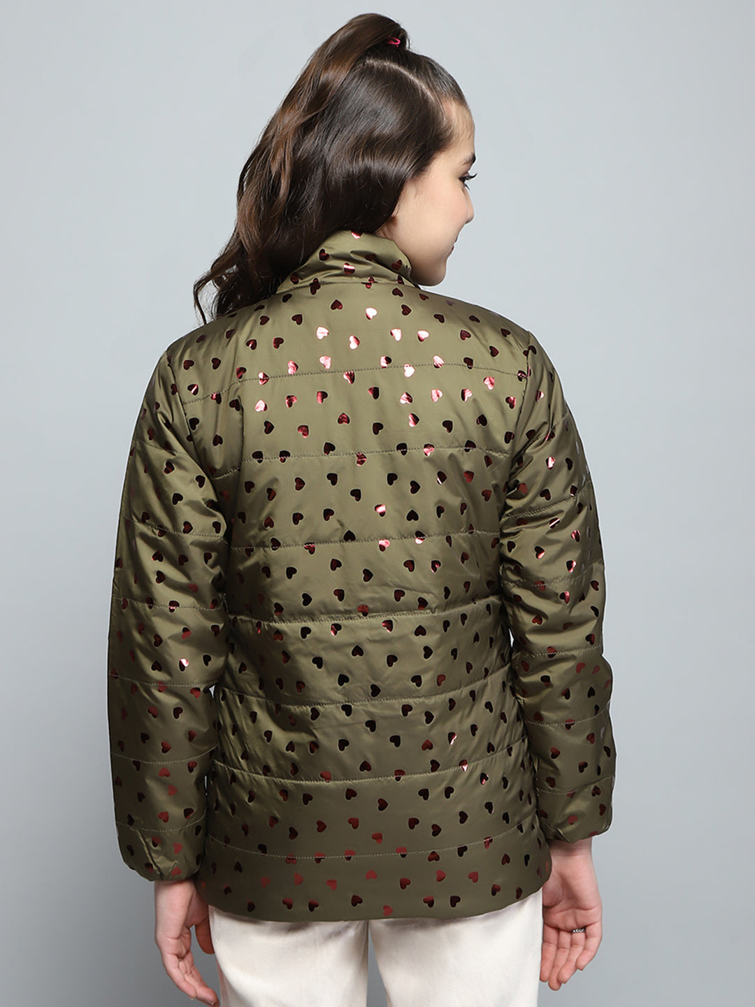 Girls Green Printed Mock Neck Full Sleeve Reversible Jacket