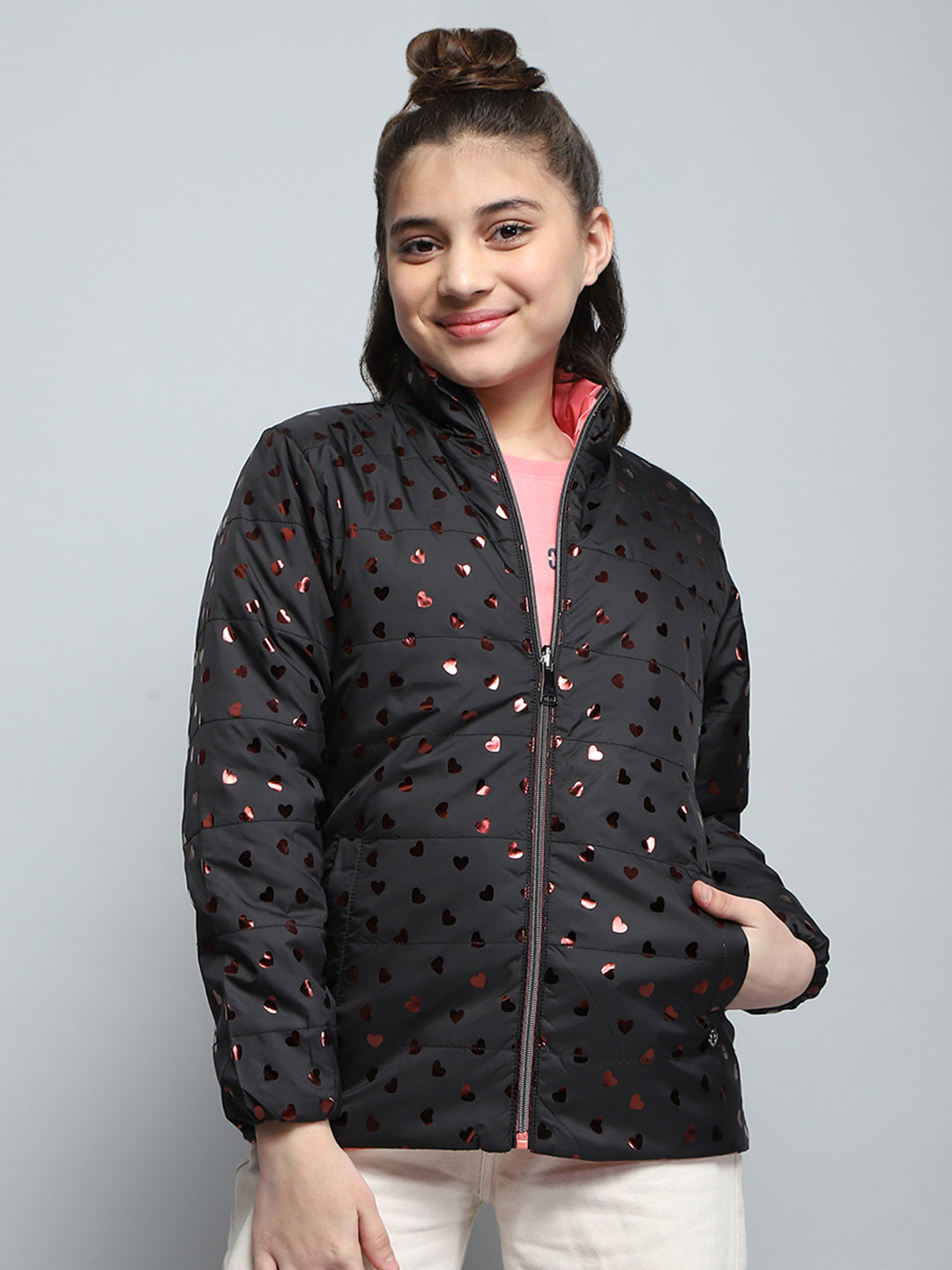 Girls Black Printed Mock Neck Full Sleeve Reversible Jacket