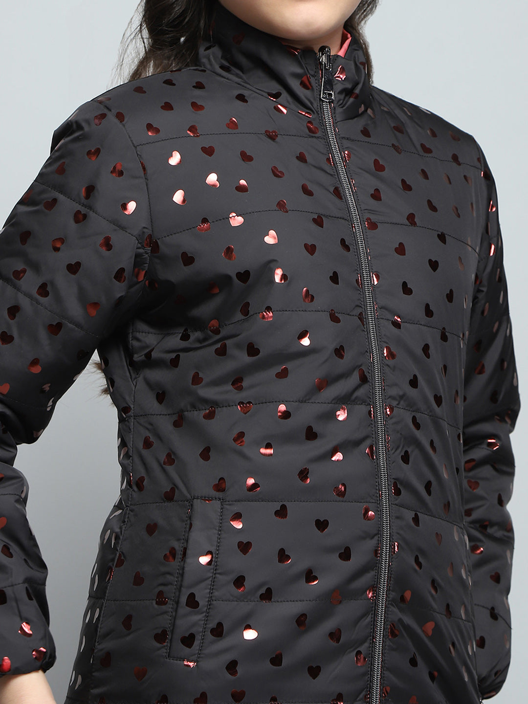 Girls Black Printed Mock Neck Full Sleeve Reversible Jacket