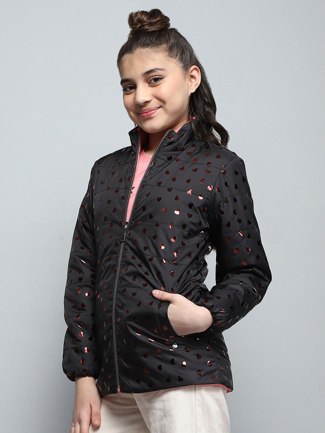 Girls Black Printed Mock Neck Full Sleeve Reversible Jacket
