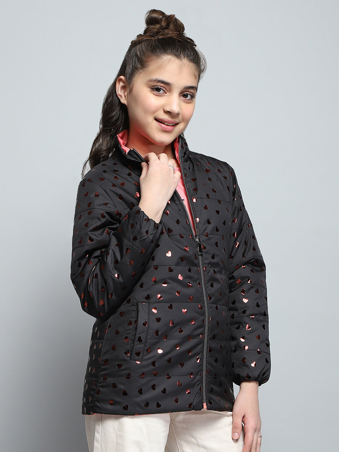 Girls Black Printed Mock Neck Full Sleeve Reversible Jacket