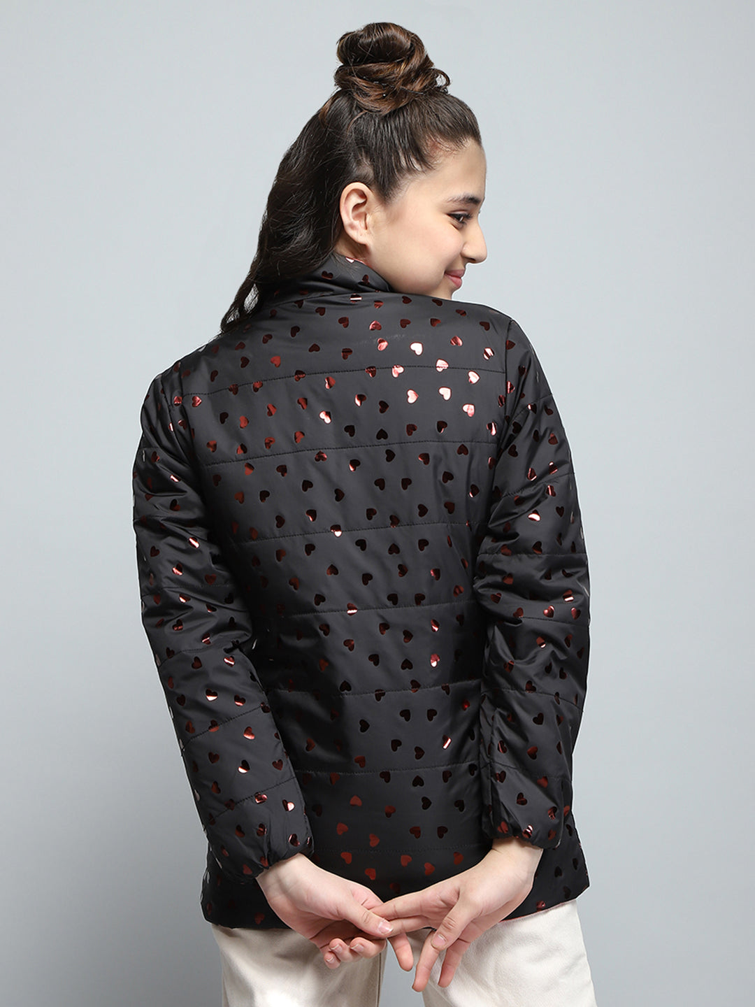 Girls Black Printed Mock Neck Full Sleeve Reversible Jacket