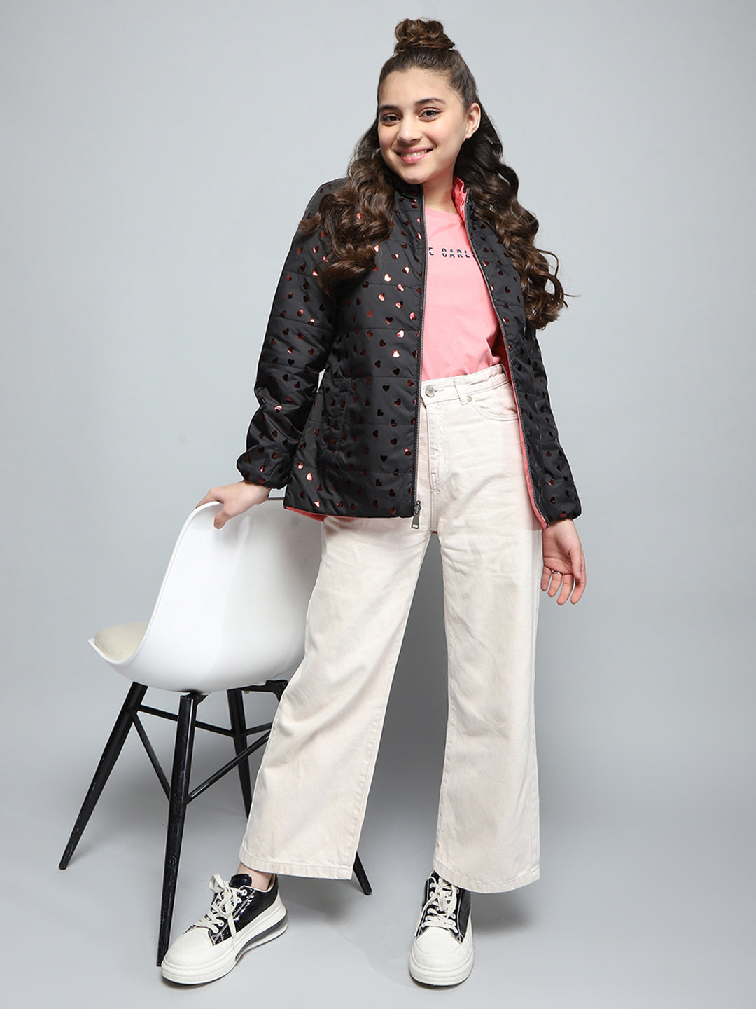 Girls Black Printed Mock Neck Full Sleeve Reversible Jacket