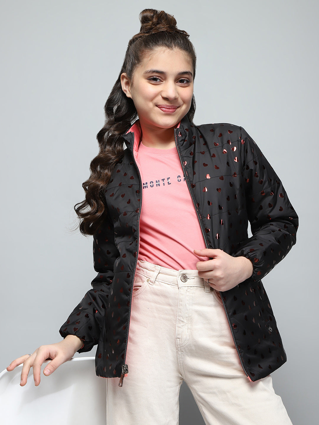 Girls Black Printed Mock Neck Full Sleeve Reversible Jacket