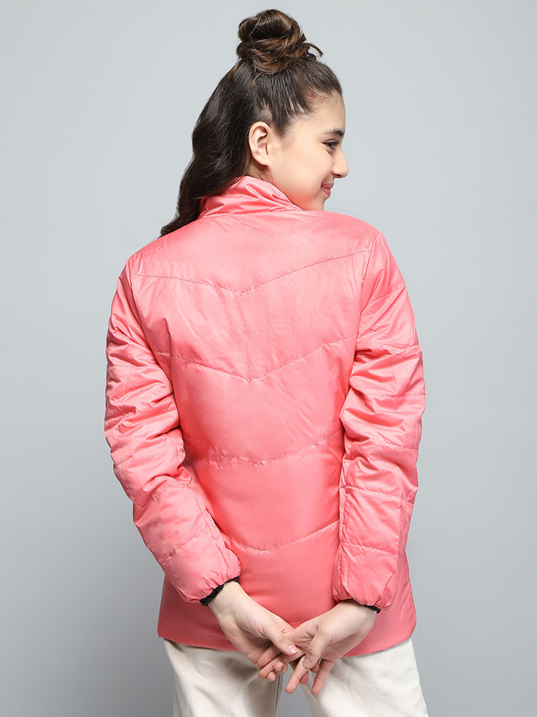 Girls Black Printed Mock Neck Full Sleeve Reversible Jacket