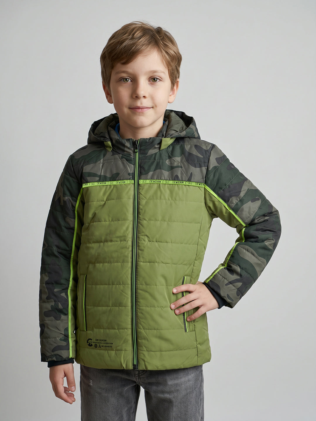 Boys Green Camouflage Detachable Hood Full Sleeve Puffer Jacket