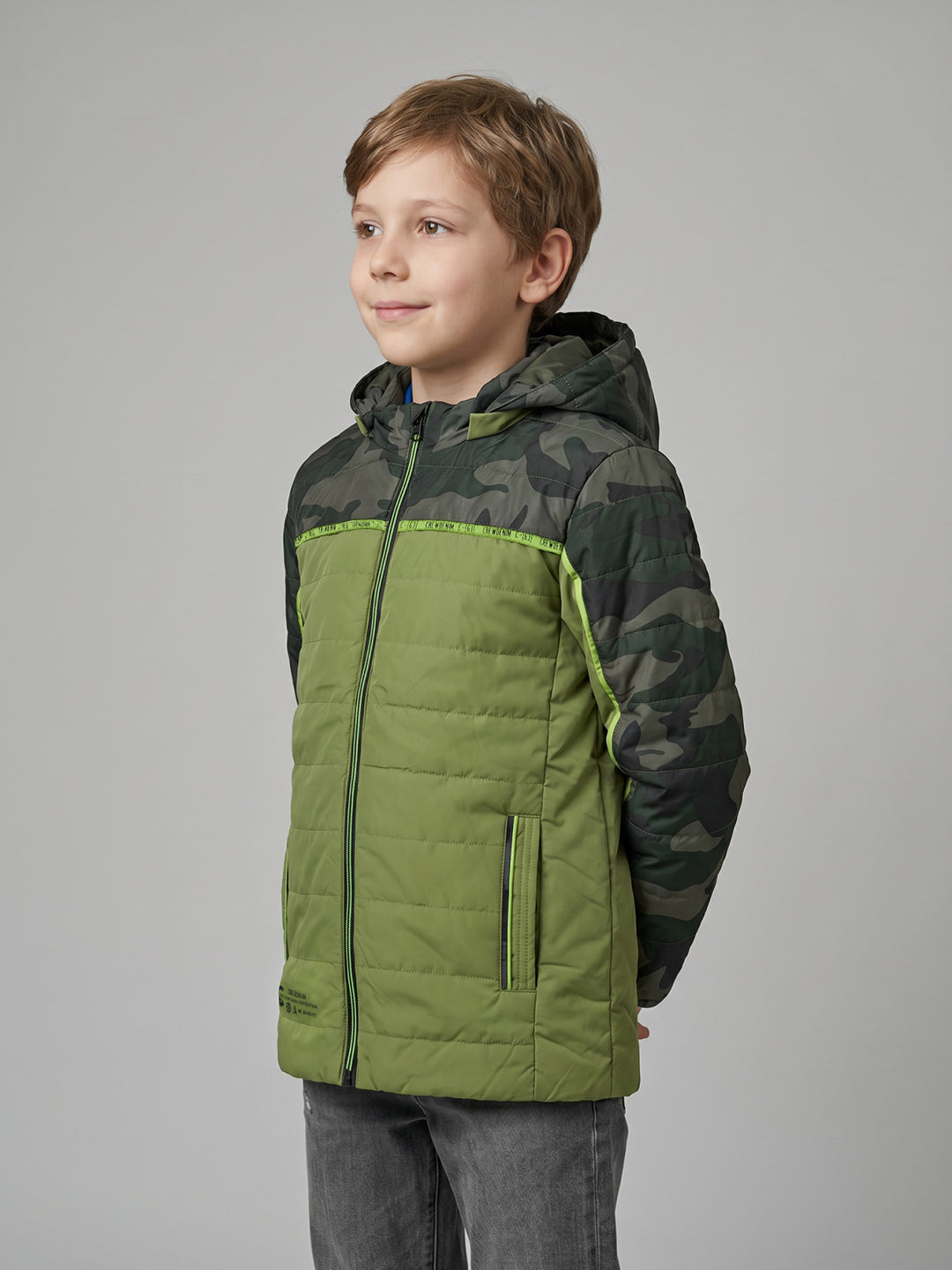 Boys Green Camouflage Detachable Hood Full Sleeve Puffer Jacket