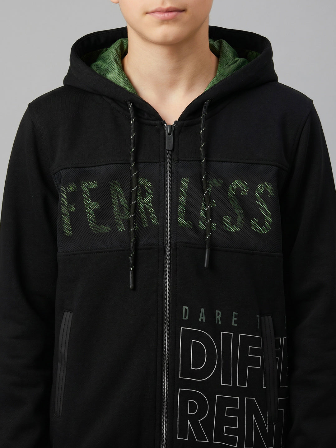 Boys Black Printed Hooded Full Sleeve Sweatshirt