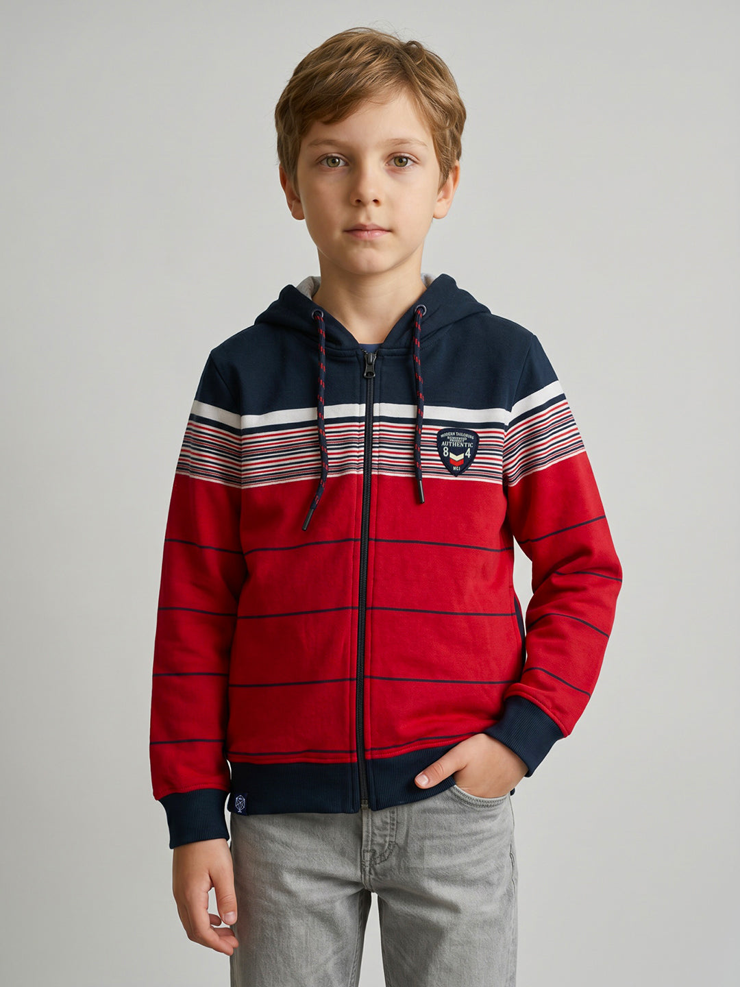 Boys Red & Navy Blue Stripe Hooded Full Sleeve Sweatshirt