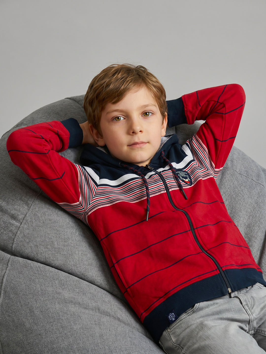 Boys Red & Navy Blue Stripe Hooded Full Sleeve Sweatshirt