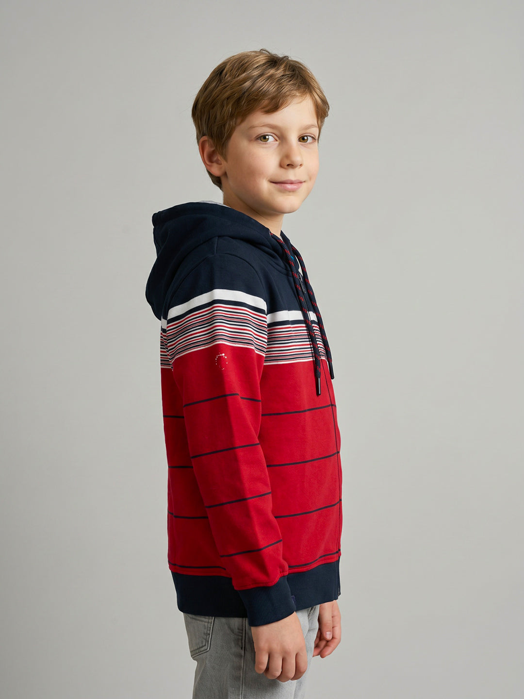 Boys Red & Navy Blue Stripe Hooded Full Sleeve Sweatshirt