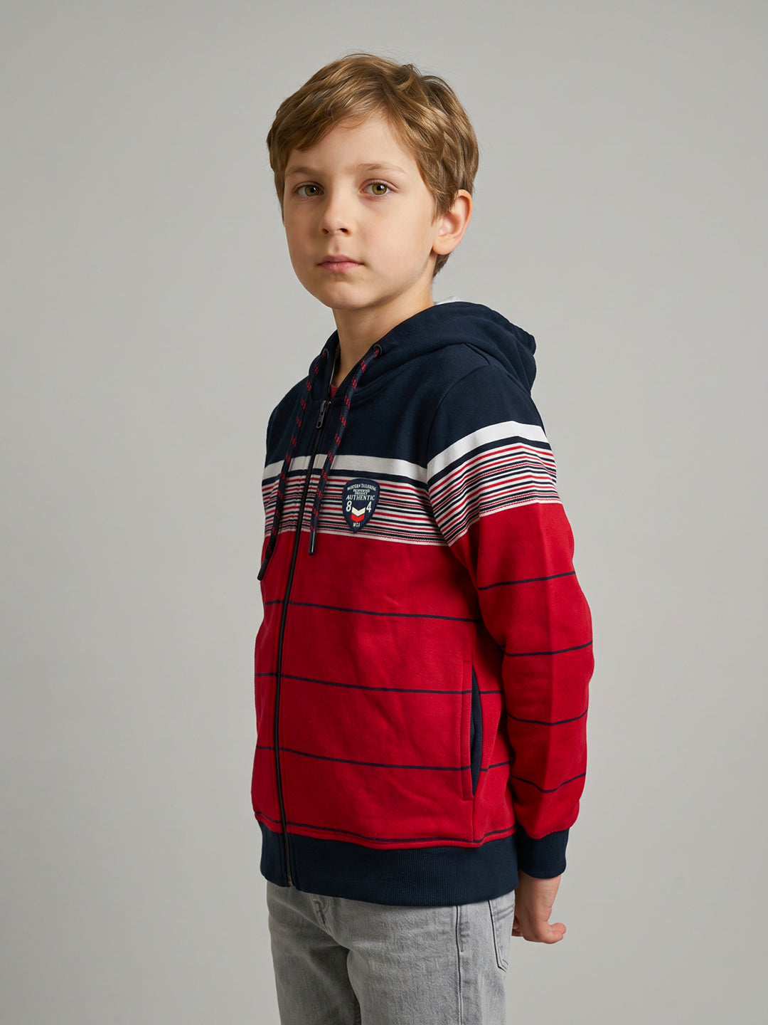 Boys Red & Navy Blue Stripe Hooded Full Sleeve Sweatshirt