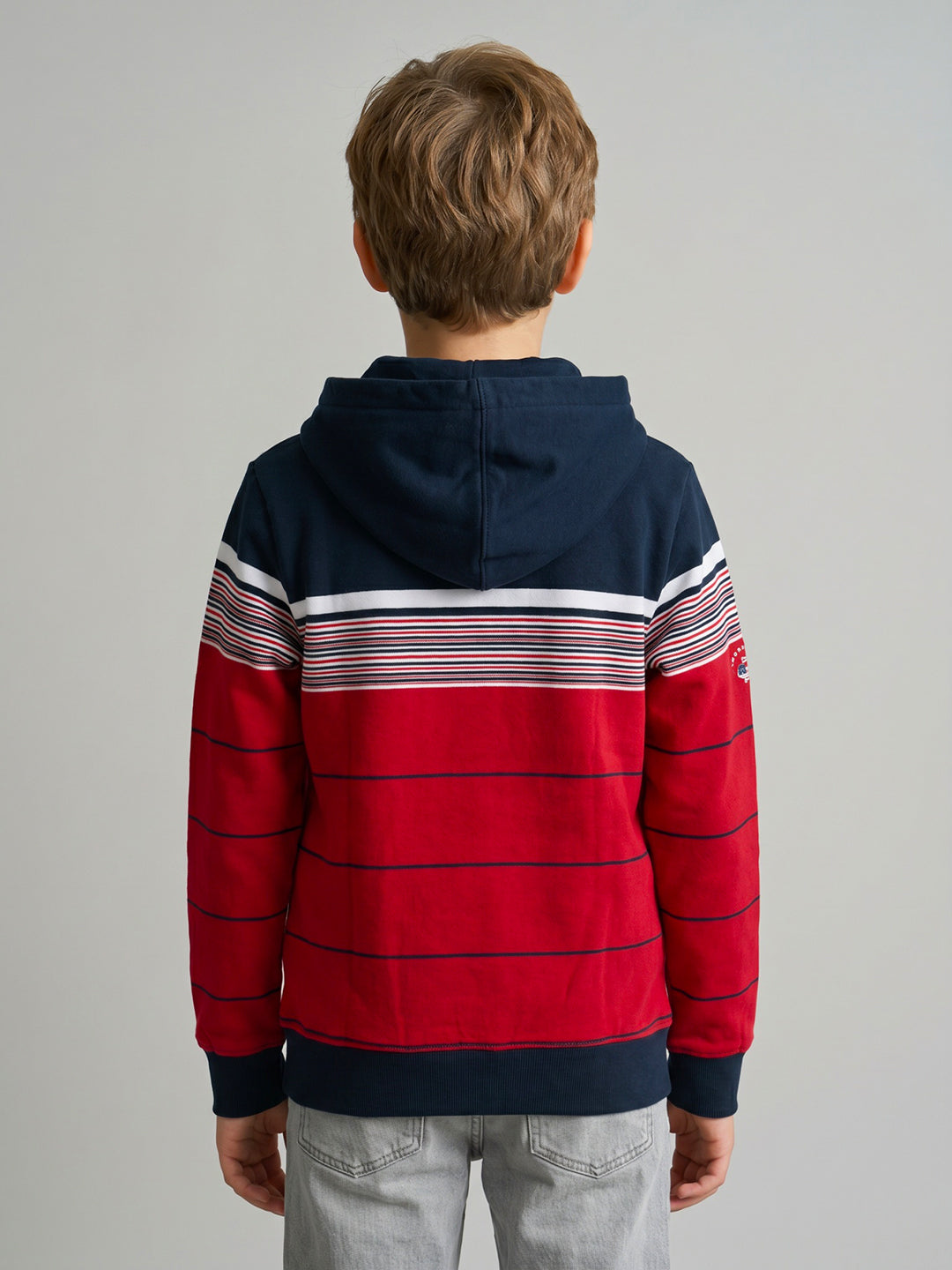 Boys Red & Navy Blue Stripe Hooded Full Sleeve Sweatshirt
