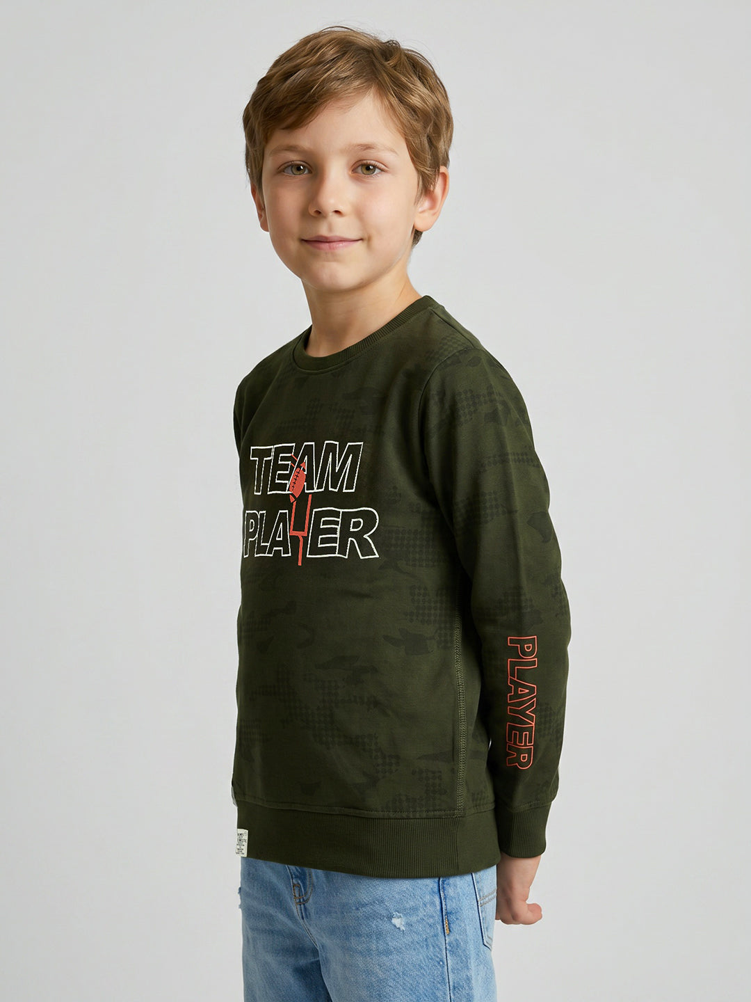 Boys Olive Printed Round Neck Full Sleeve Sweatshirt
