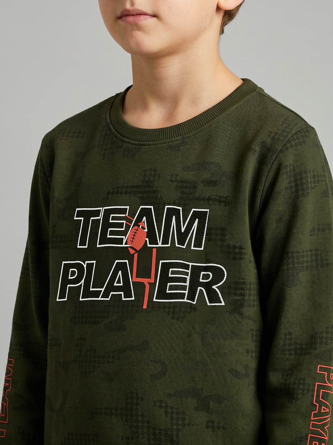 Boys Olive Printed Round Neck Full Sleeve Sweatshirt
