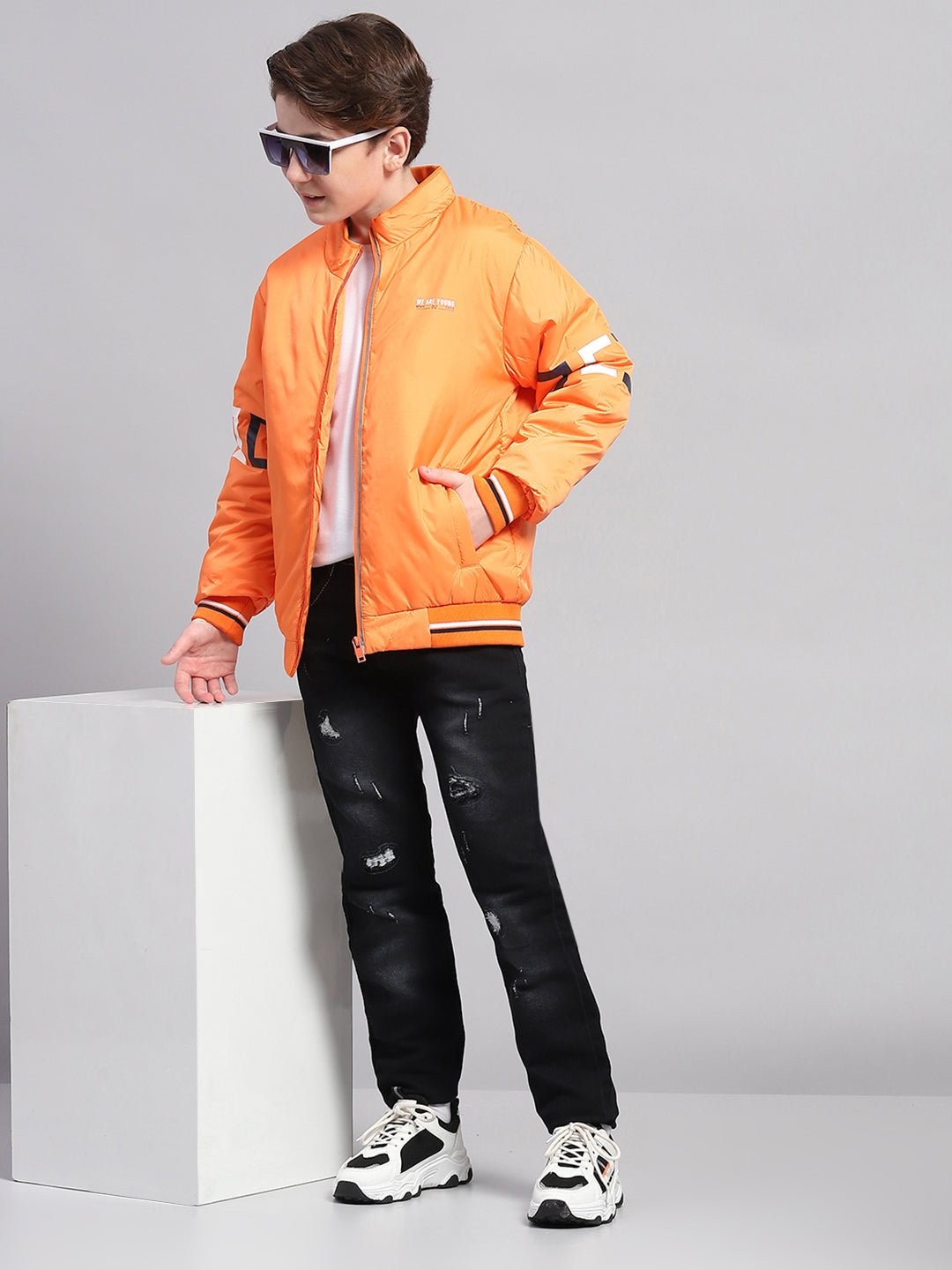 Boys Orange Solid Mock Neck Full Sleeve Jacket