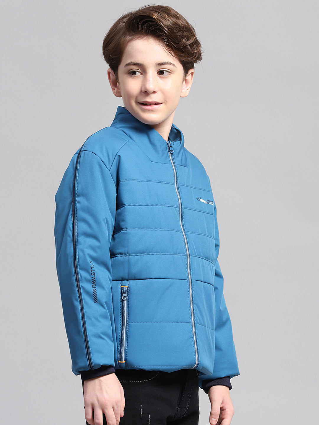 Boys Blue Solid Mock Neck Full Sleeve Jacket