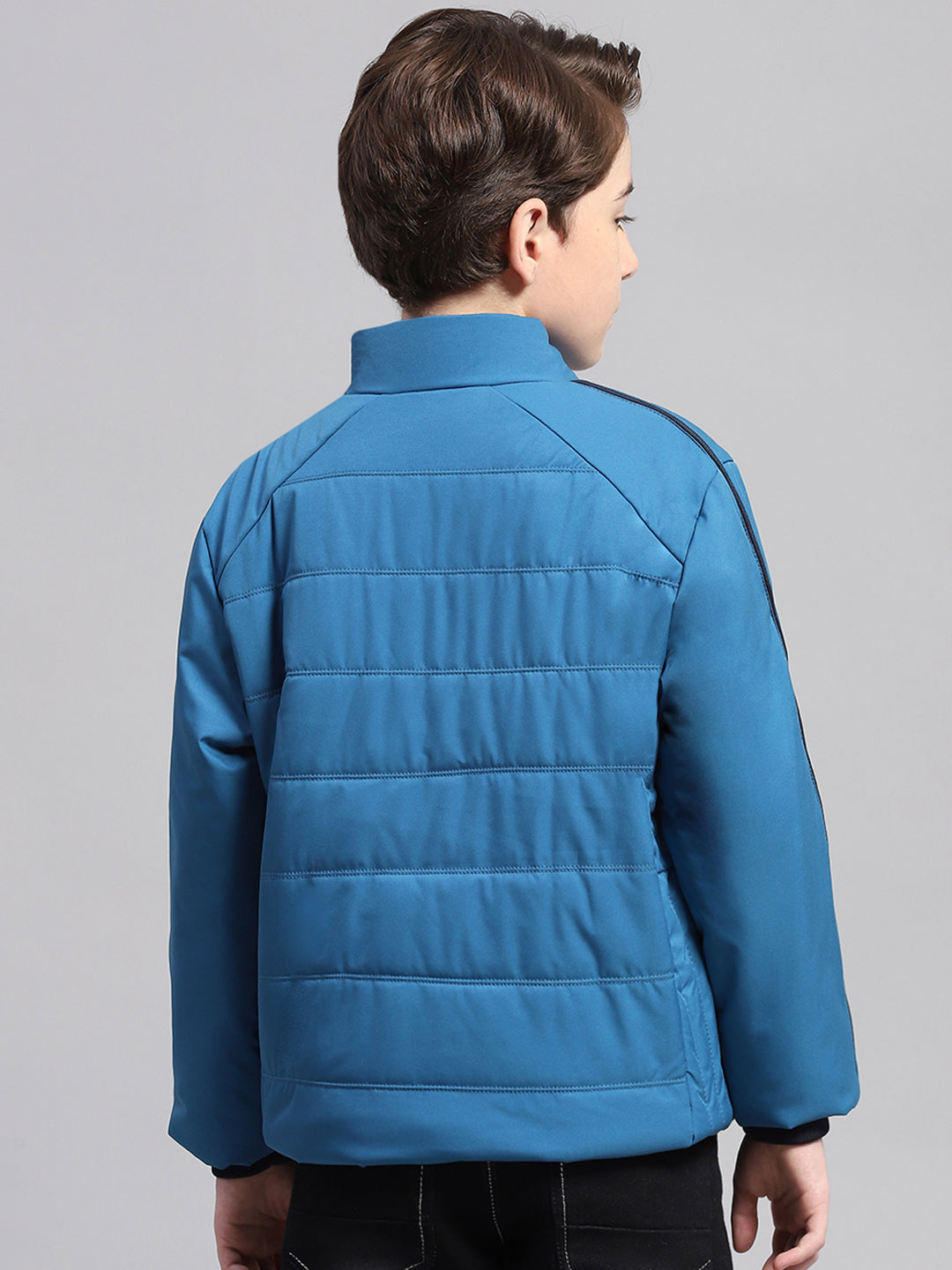 Boys Blue Solid Mock Neck Full Sleeve Jacket