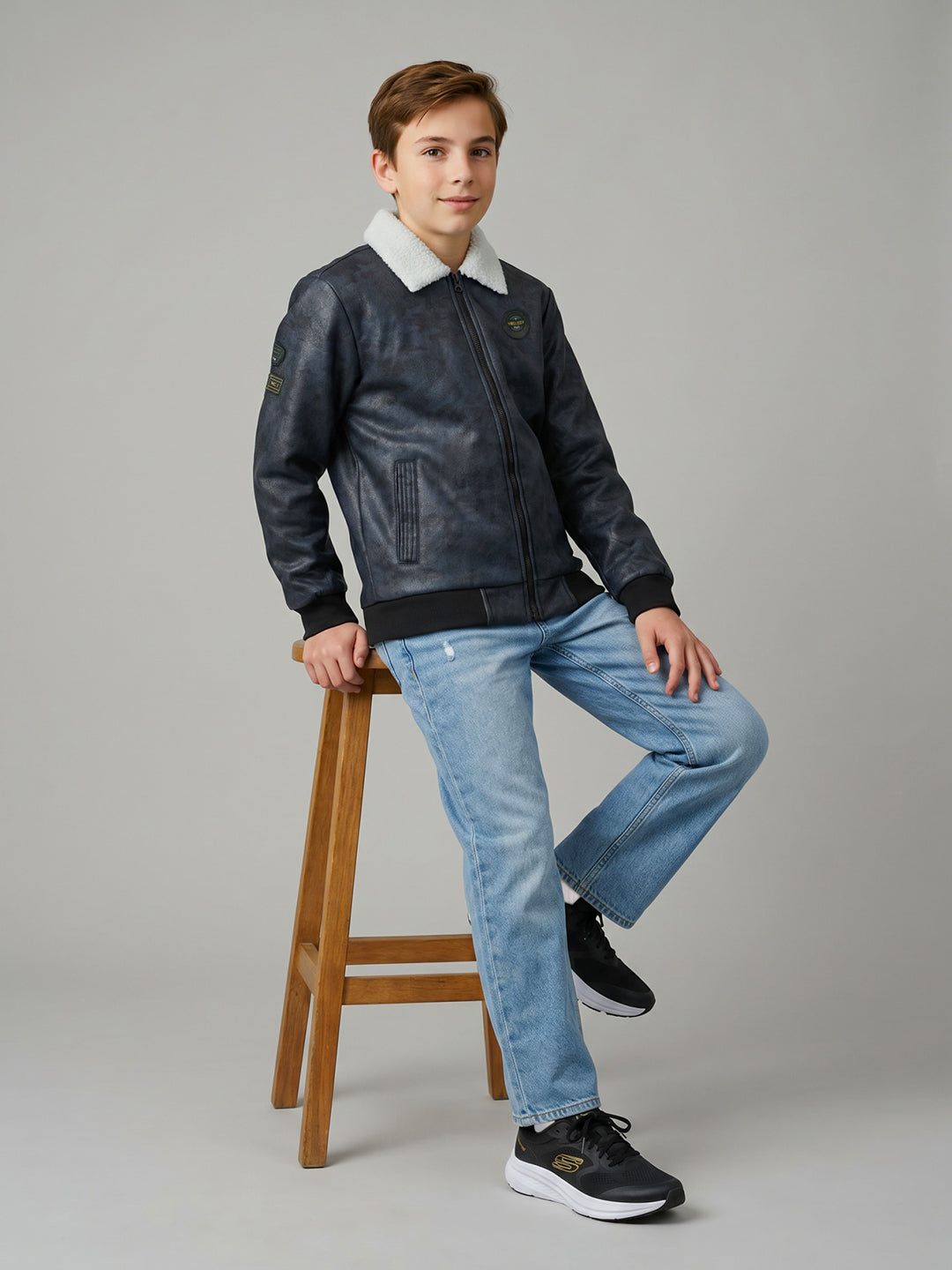 Boys Navy Blue Camouflage Collar Full Sleeve Bomber Jacket