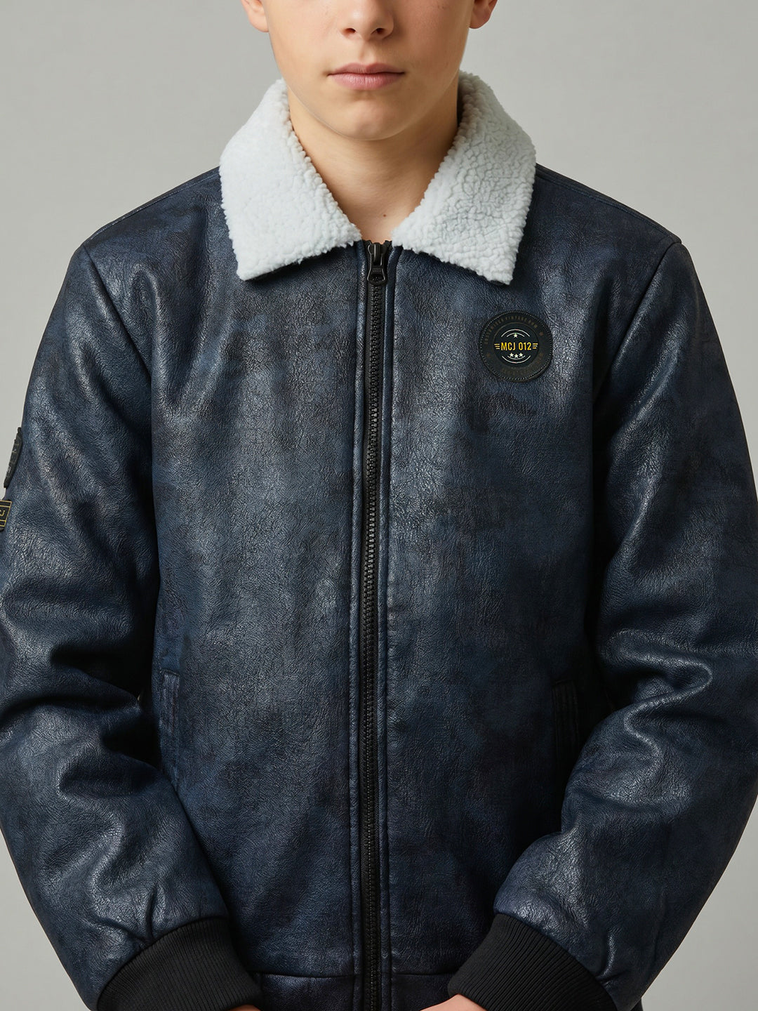 Boys Navy Blue Camouflage Collar Full Sleeve Bomber Jacket