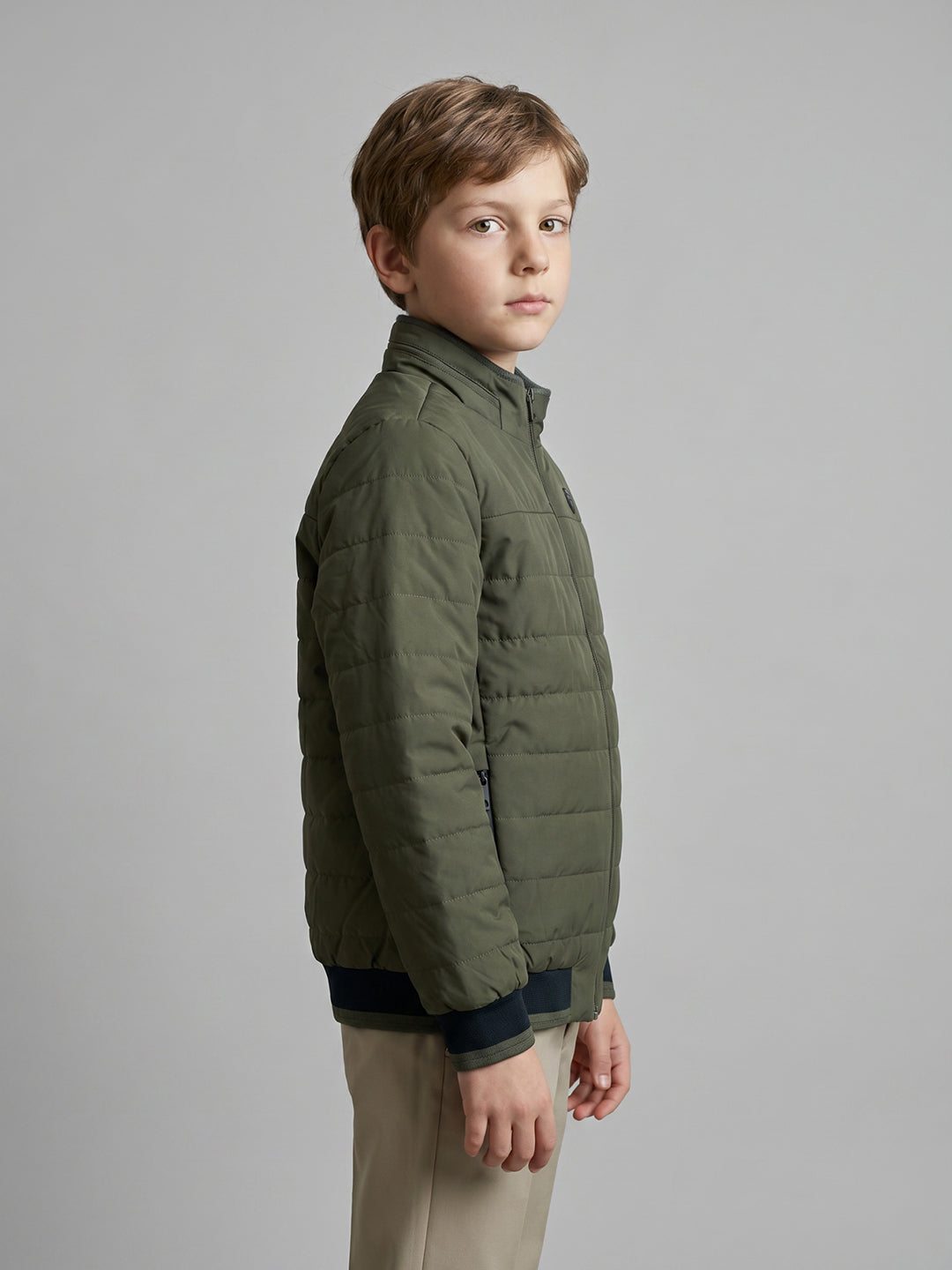 Boys Green Solid Collar Full Sleeve Puffer Jacket