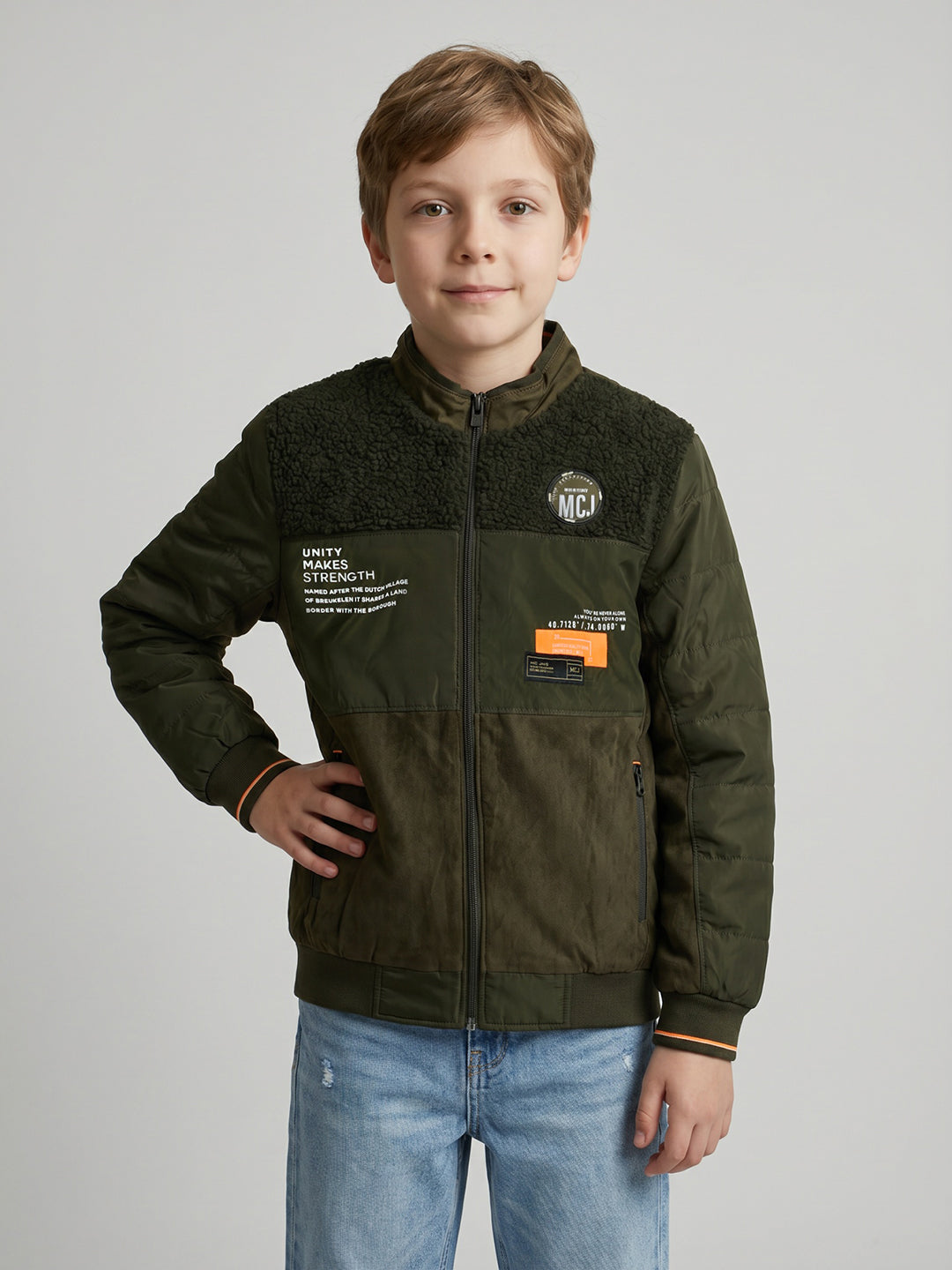 Boys Olive Solid Turtle Neck Full Sleeve Bomber Jacket
