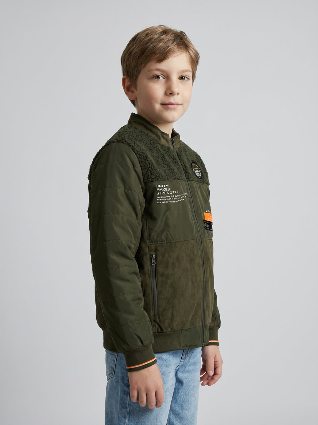 Boys Olive Solid Turtle Neck Full Sleeve Bomber Jacket