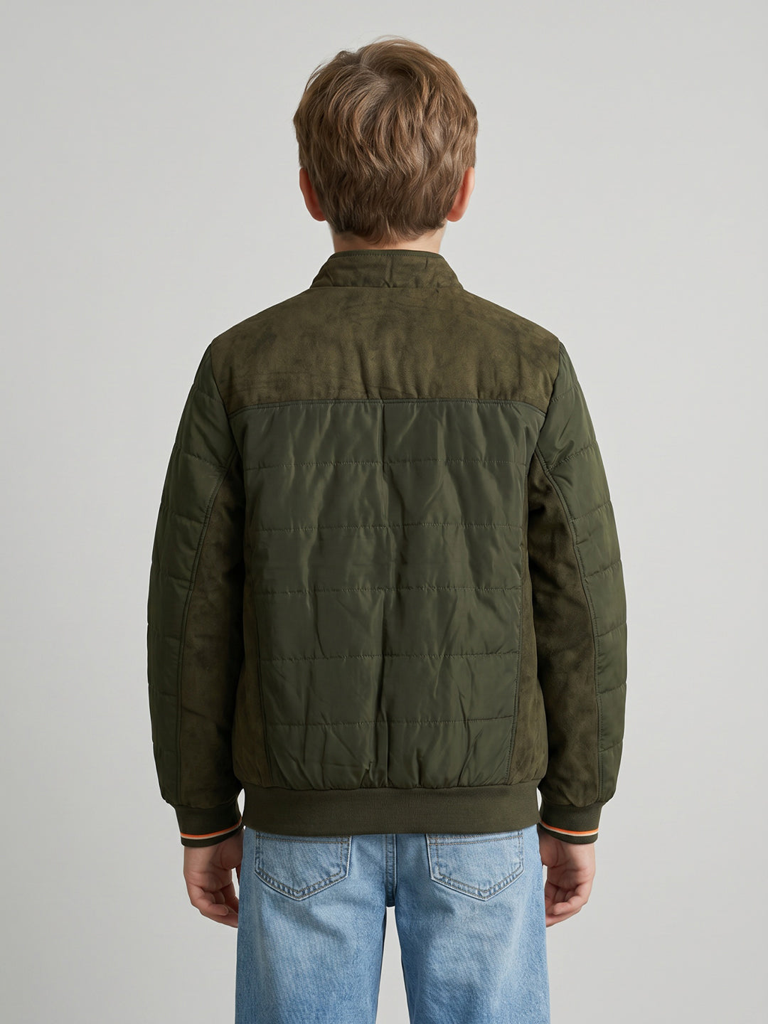 Boys Olive Solid Turtle Neck Full Sleeve Bomber Jacket