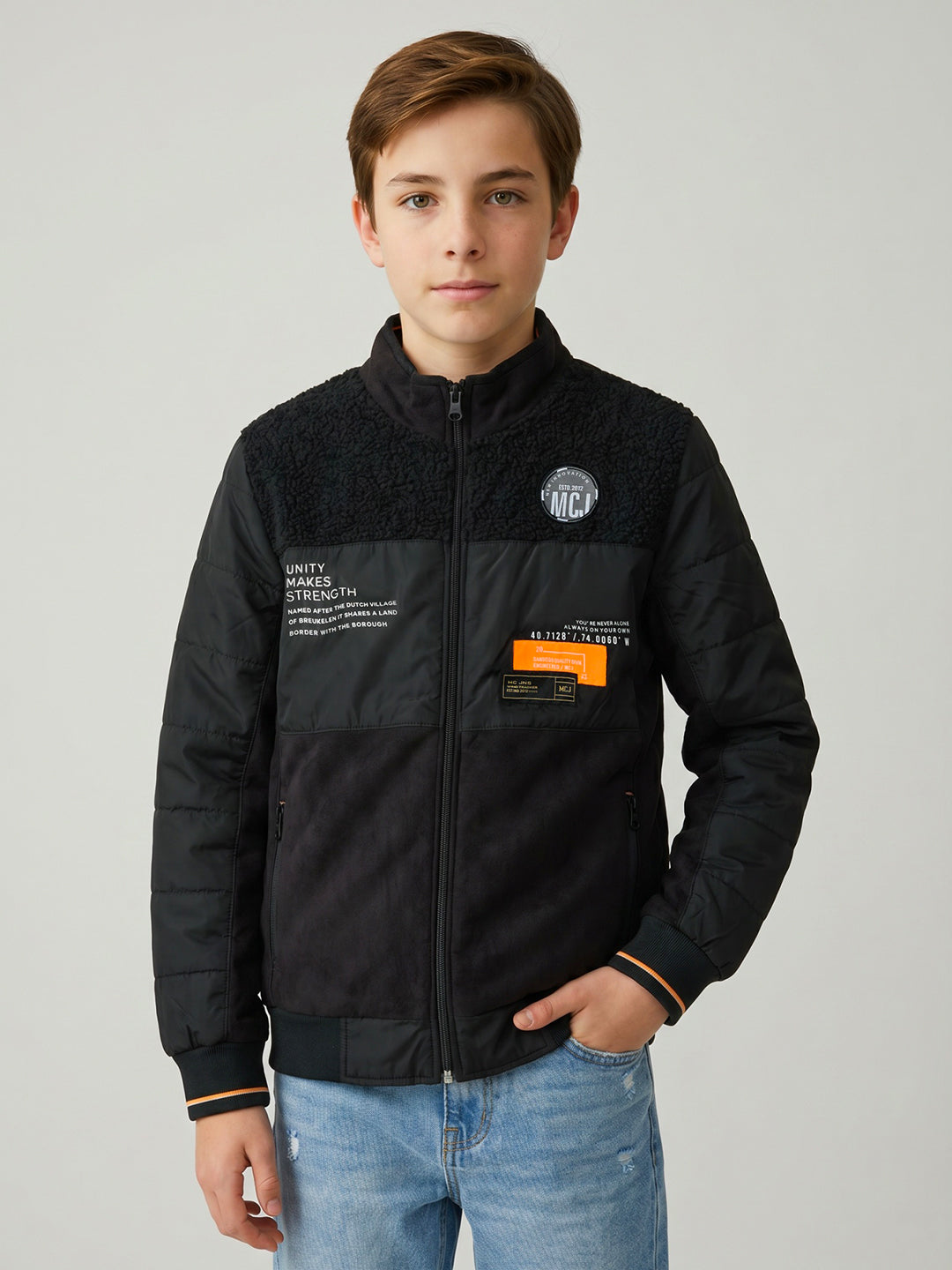 Boys Black Solid Turtle Neck Full Sleeve Bomber Jacket