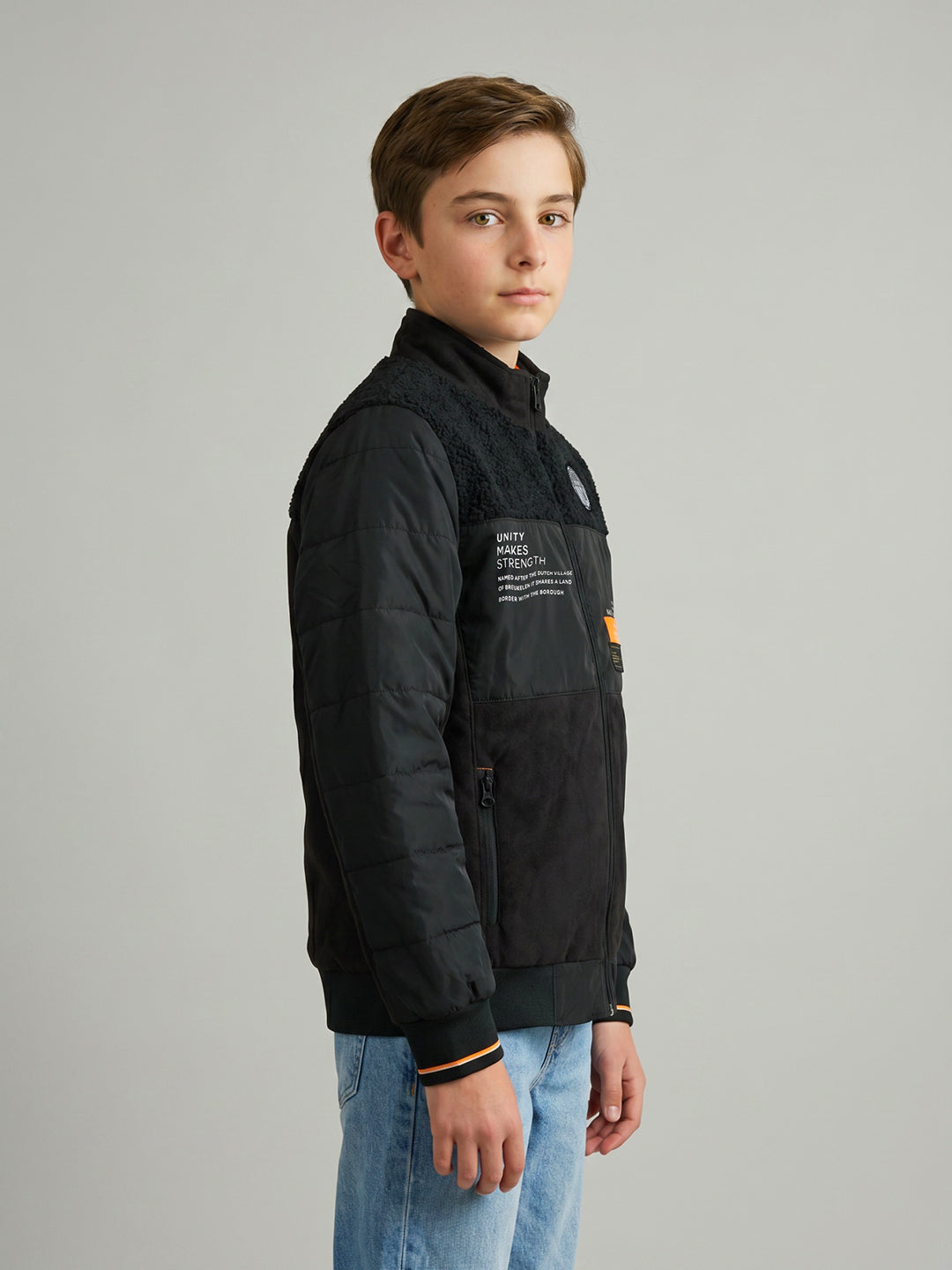 Boys Black Solid Turtle Neck Full Sleeve Bomber Jacket
