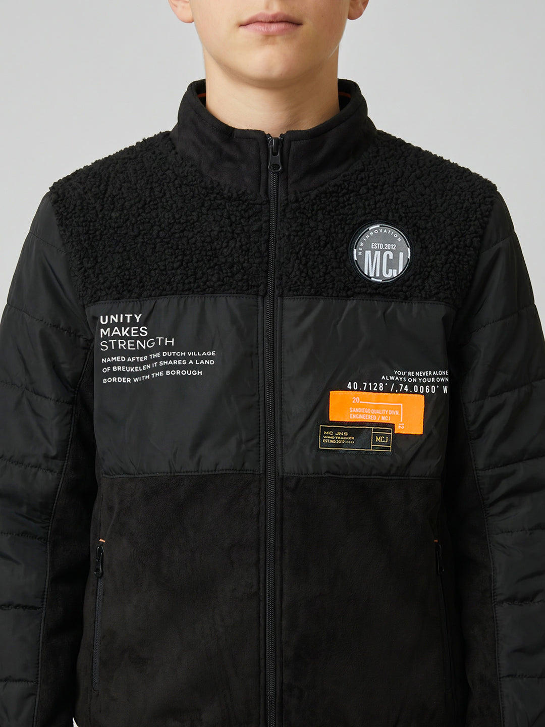 Boys Black Solid Turtle Neck Full Sleeve Bomber Jacket