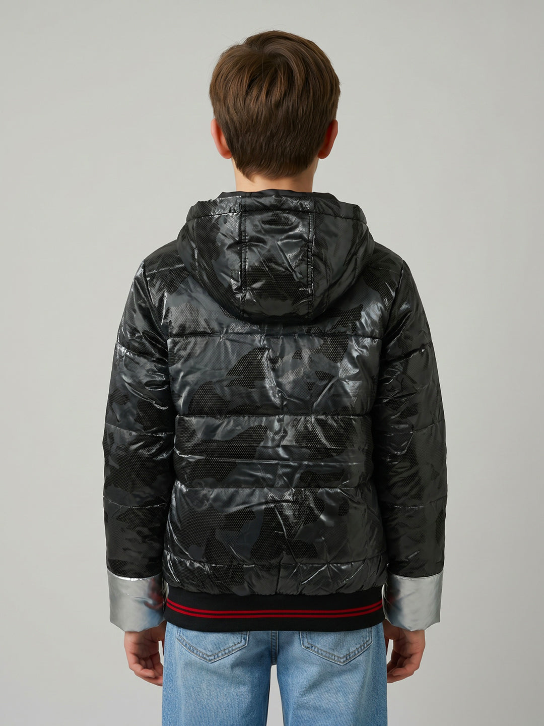 Boys Black Camouflage Hooded Full Sleeve Jacket