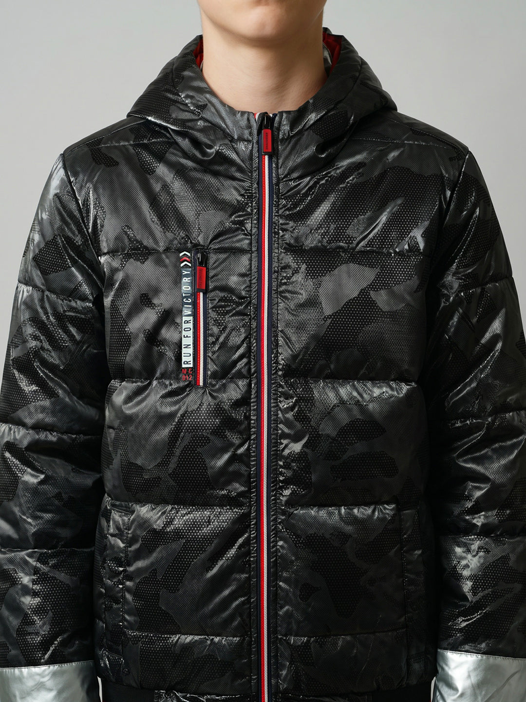 Boys Black Camouflage Hooded Full Sleeve Jacket