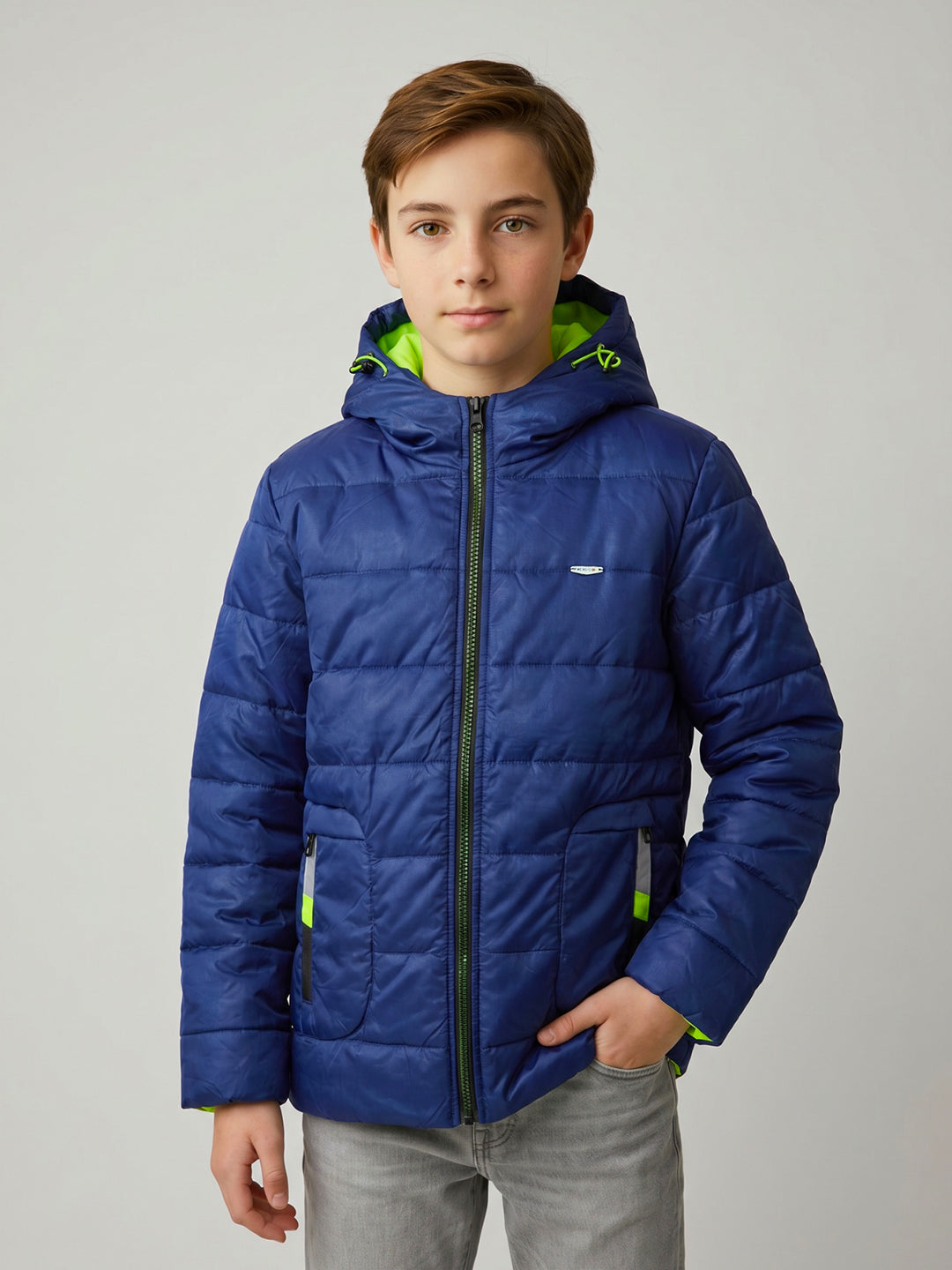Boys Blue Solid Hooded Full Sleeve Jacket