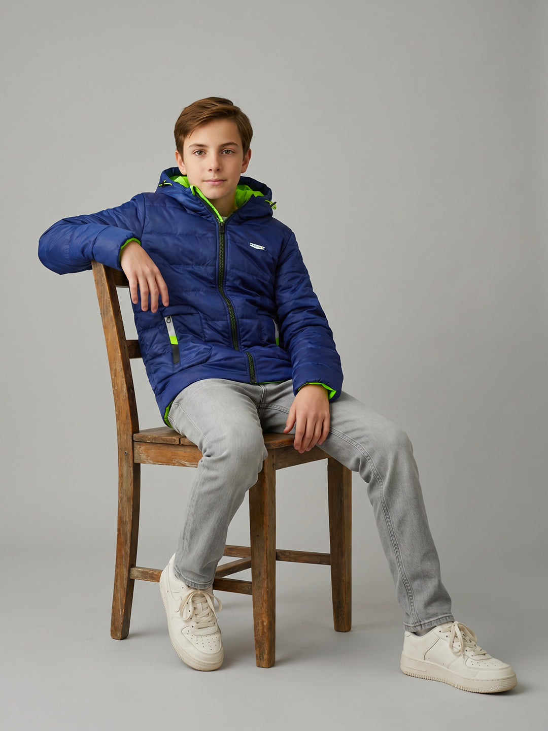 Boys Blue Solid Hooded Full Sleeve Jacket