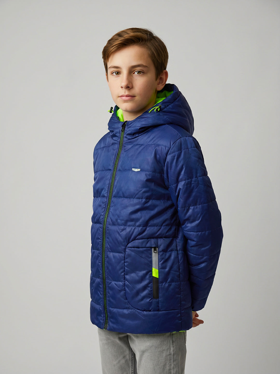 Boys Blue Solid Hooded Full Sleeve Jacket