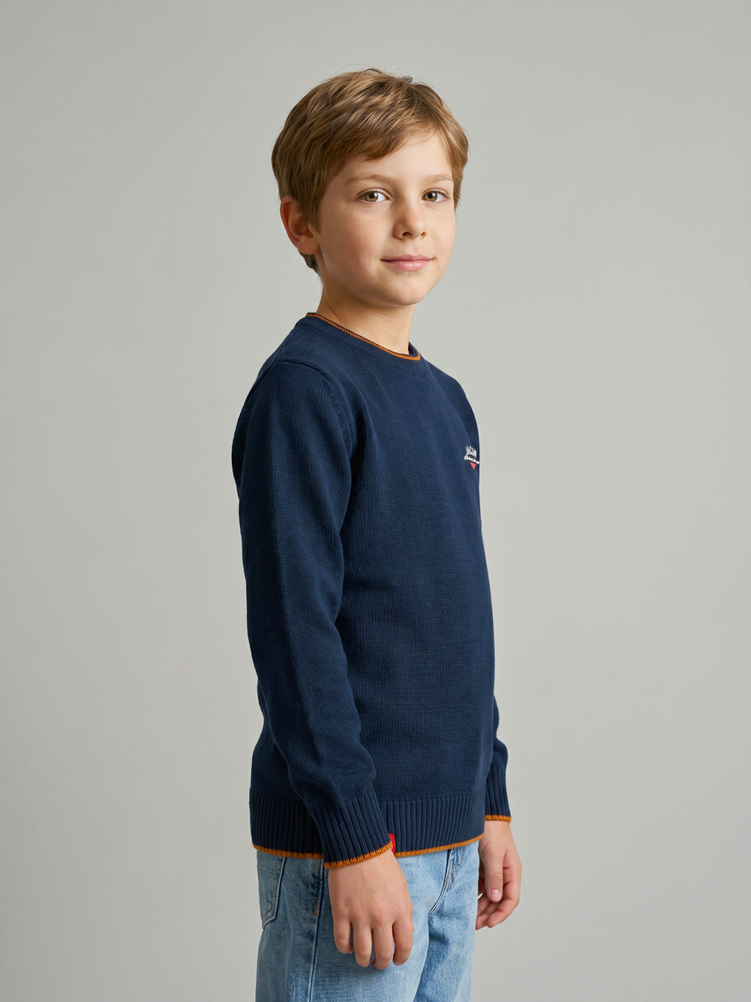 Boys Navy Blue Solid Round Neck Full Sleeve Pullover