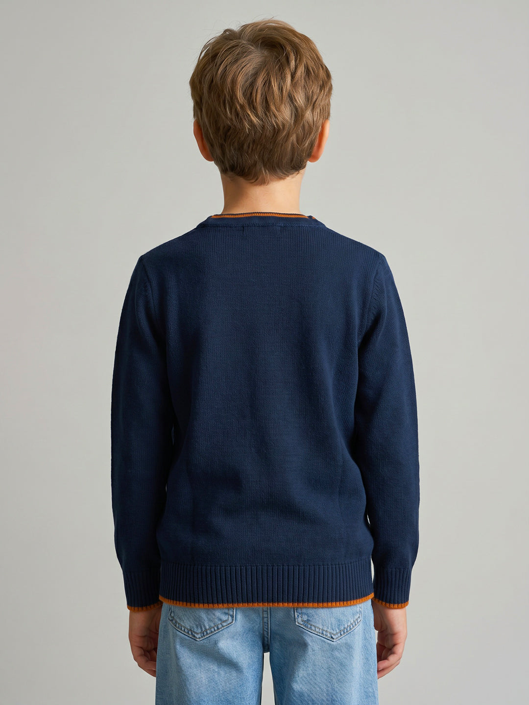 Boys Navy Blue Solid Round Neck Full Sleeve Pullover