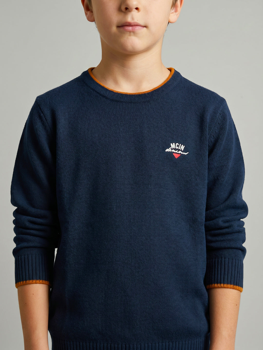 Boys Navy Blue Solid Round Neck Full Sleeve Pullover