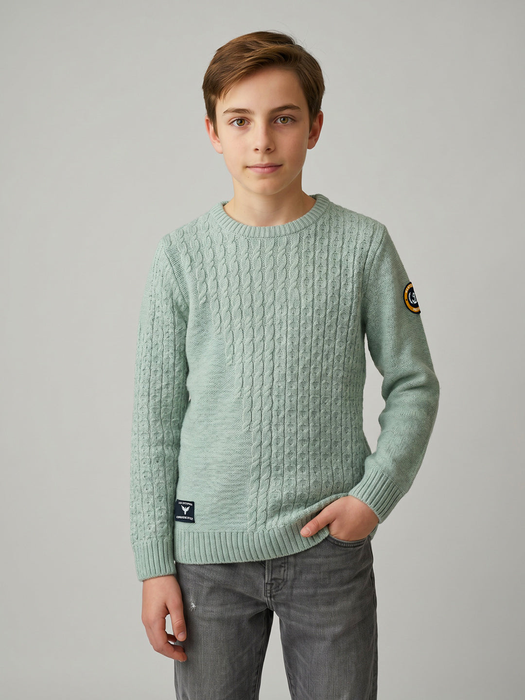 Boys Teal Blue Self Design Round Neck Full Sleeve Pullover