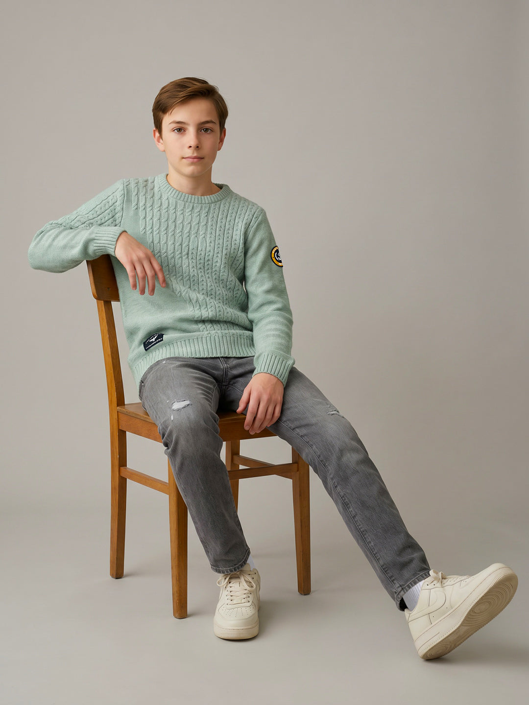 Boys Teal Blue Self Design Round Neck Full Sleeve Pullover