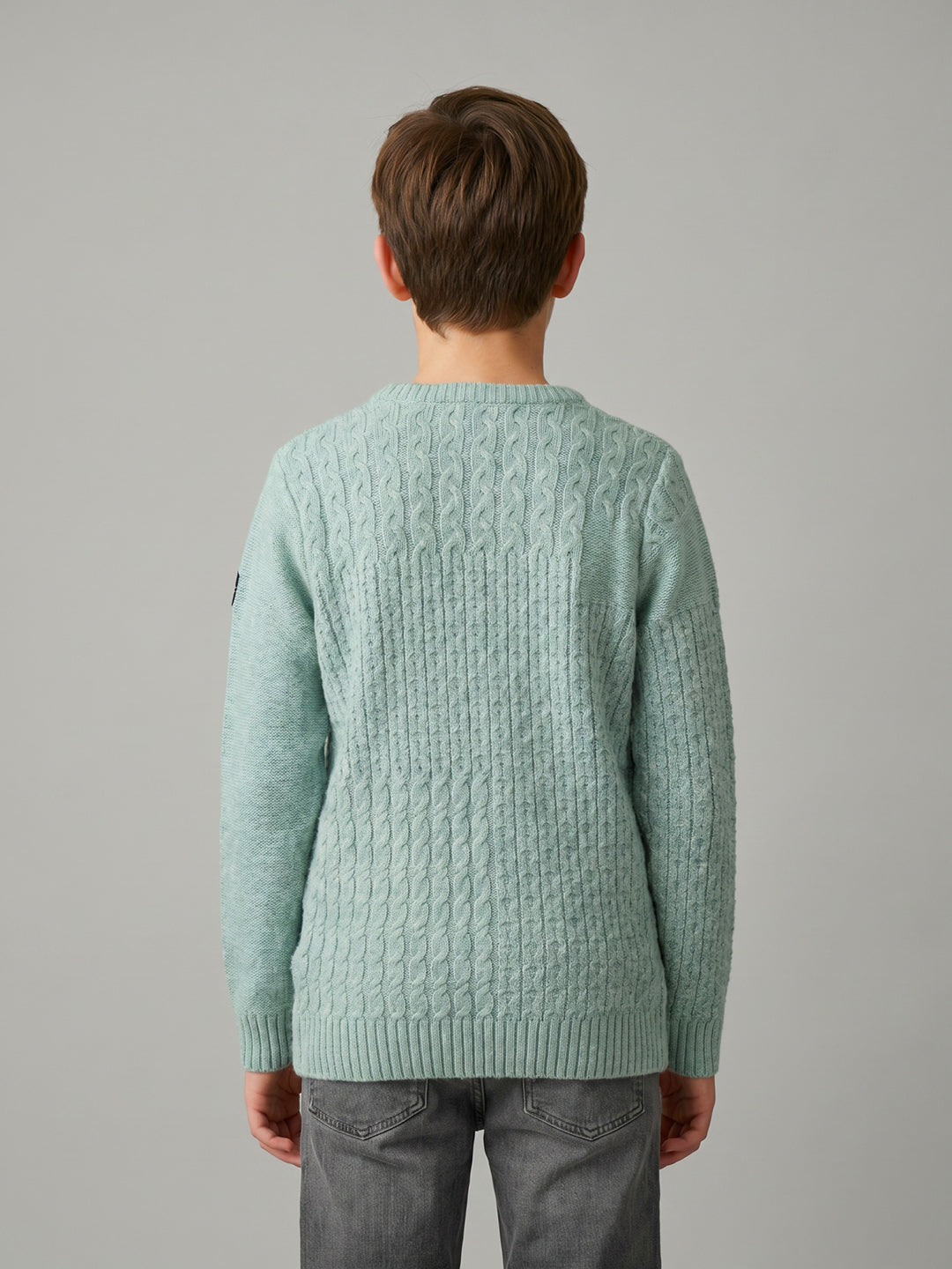 Boys Teal Blue Self Design Round Neck Full Sleeve Pullover