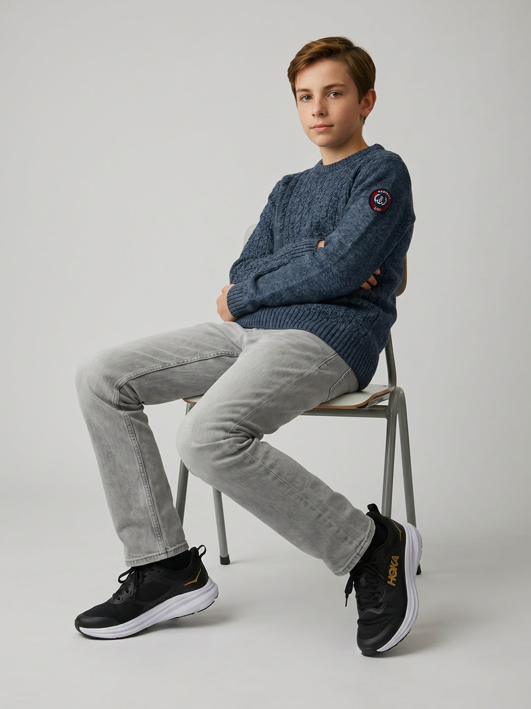 Boys Blue Self Design Round Neck Full Sleeve Pullover