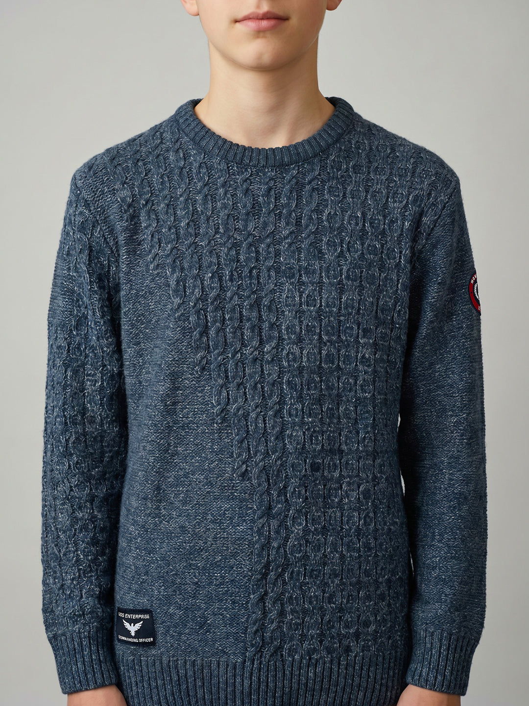 Boys Blue Self Design Round Neck Full Sleeve Pullover