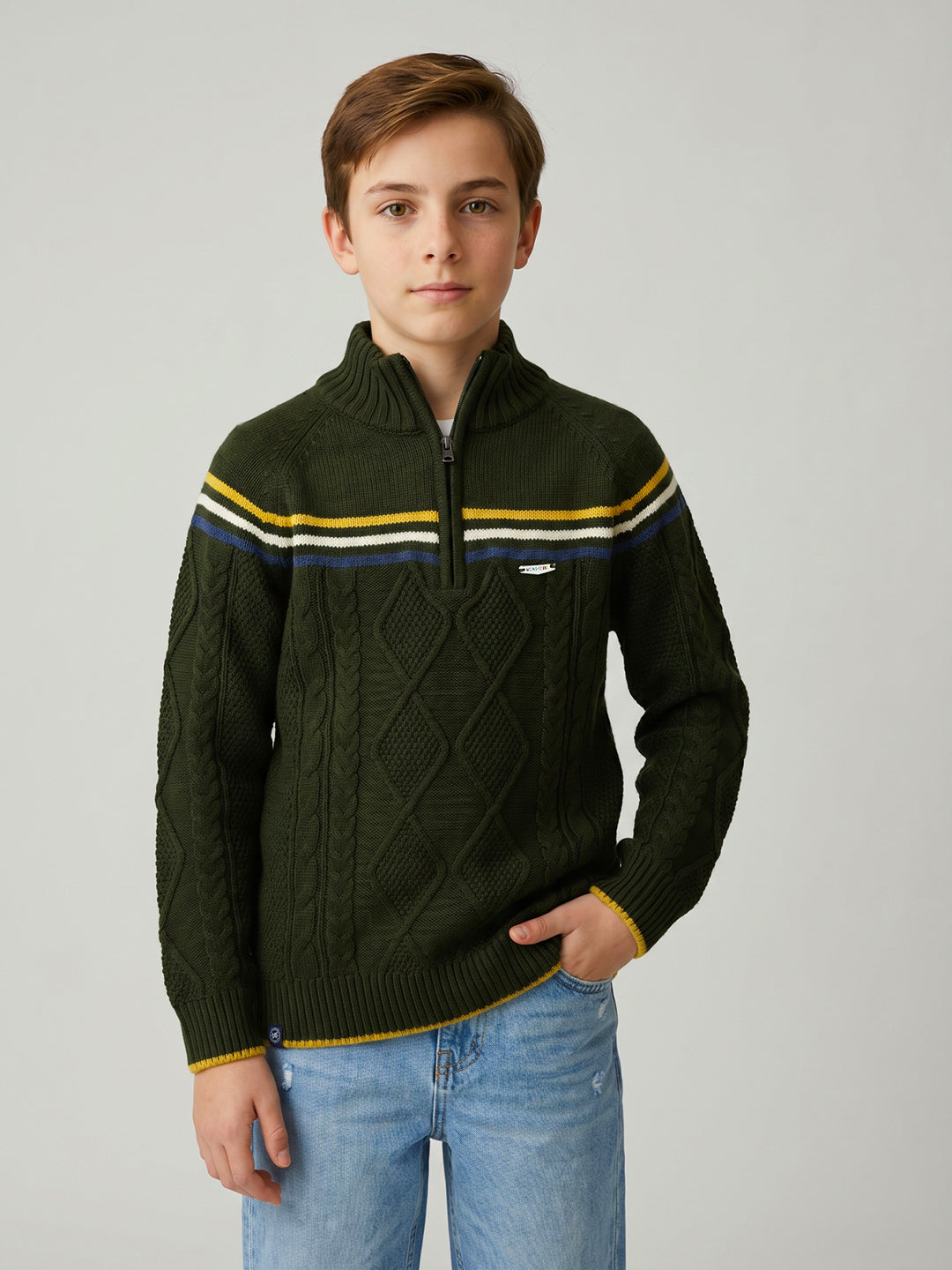 Boys Olive Self Design High Neck Full Sleeve Pullover