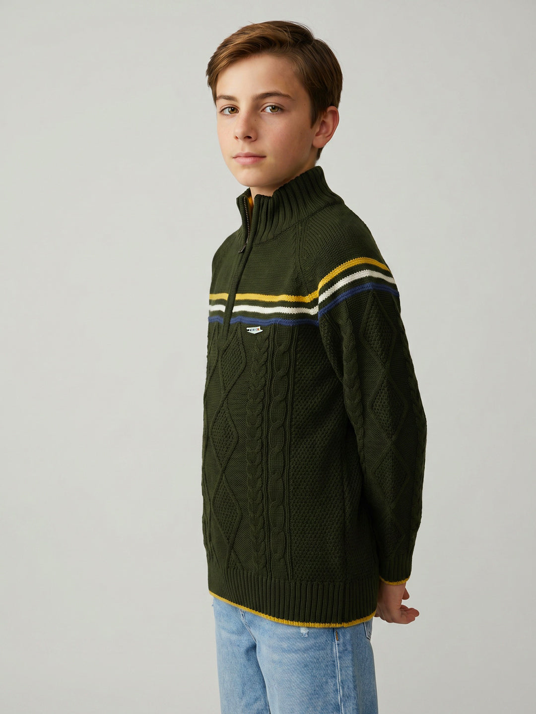 Boys Olive Self Design High Neck Full Sleeve Pullover