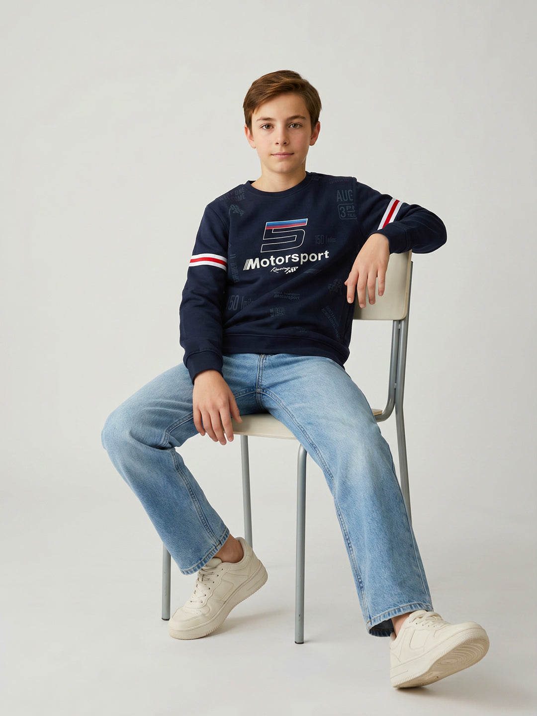 Boys Navy Blue Printed Round Neck Full Sleeve Sweatshirt