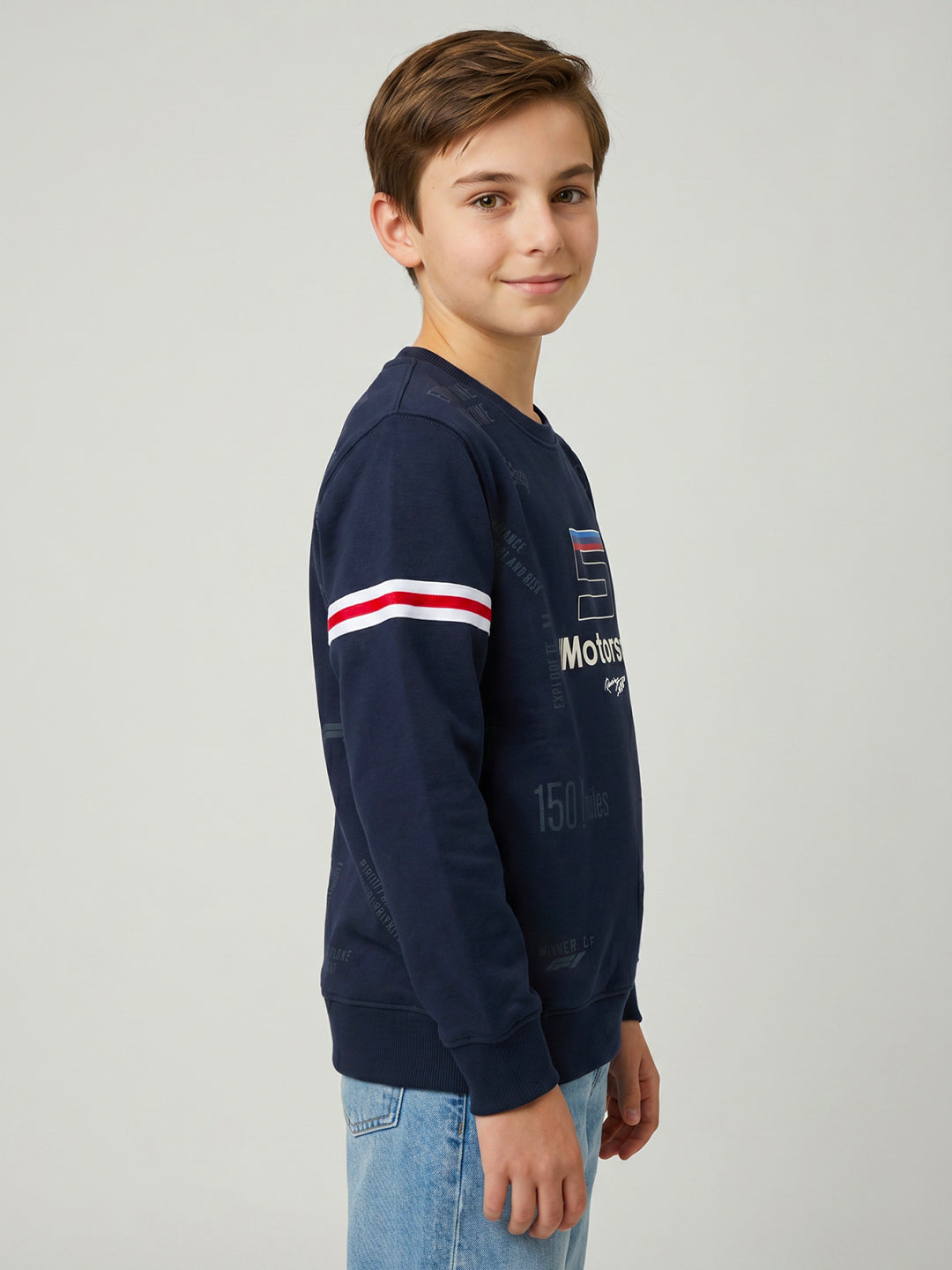 Boys Navy Blue Printed Round Neck Full Sleeve Sweatshirt
