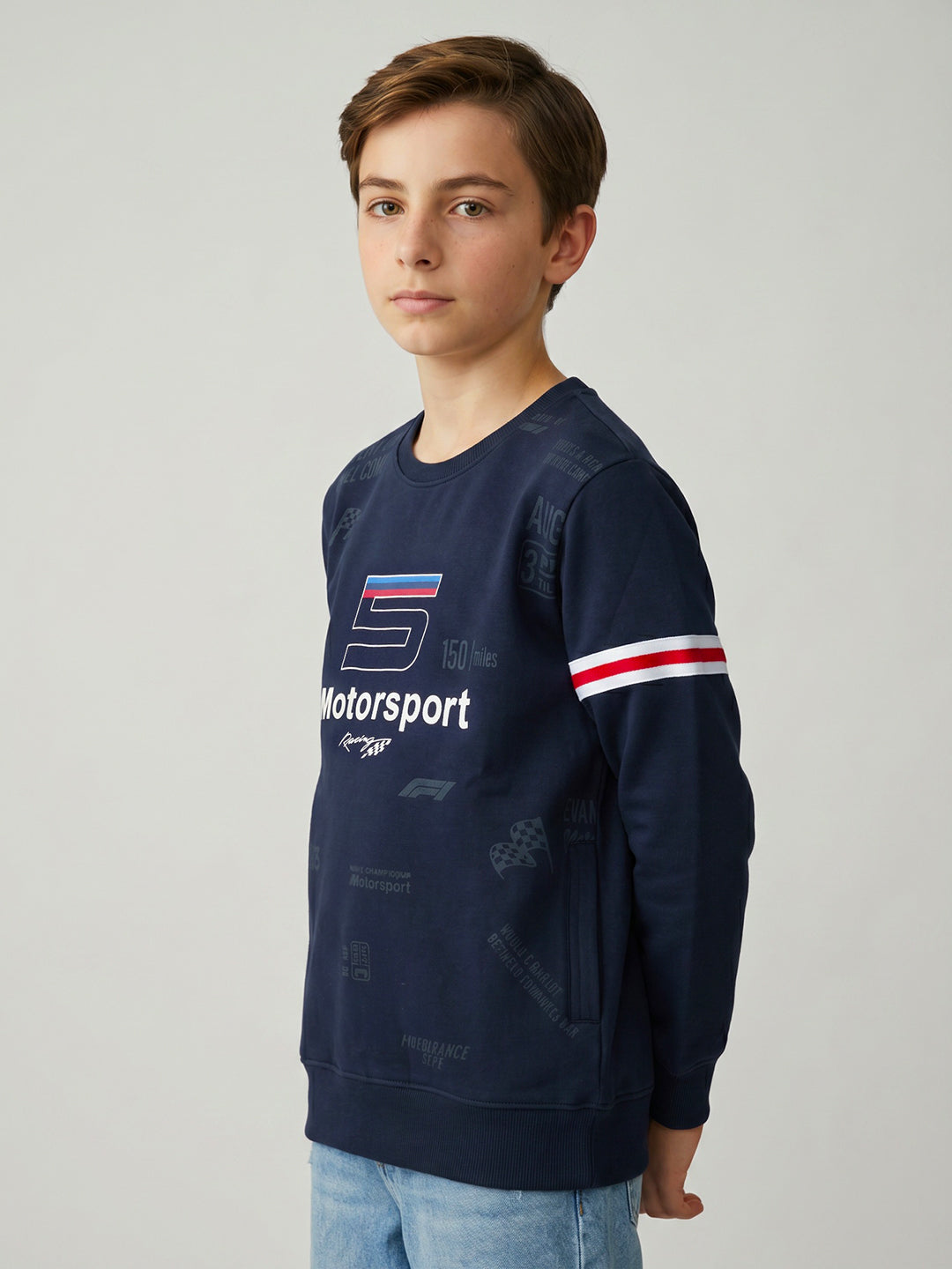 Boys Navy Blue Printed Round Neck Full Sleeve Sweatshirt