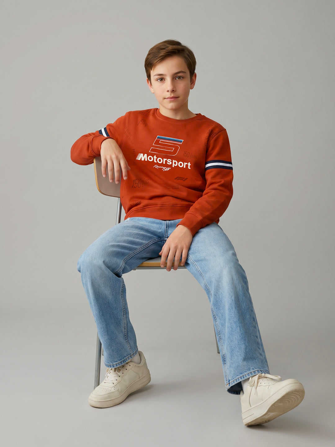 Boys Orange Printed Round Neck Full Sleeve Sweatshirt